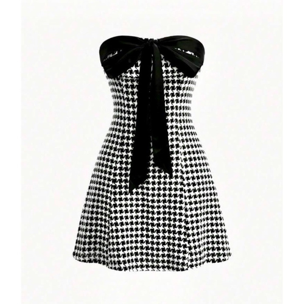 Houndstooth Strapless Mini Dress Women's Small Black White Stretch Casual Party